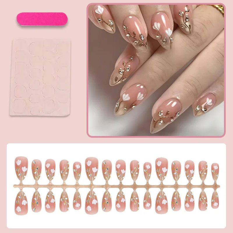 30PCS of medium-sized almond-shaped fake nails nude pink gradient 3D white magnolia golden branch-shaped fake nails