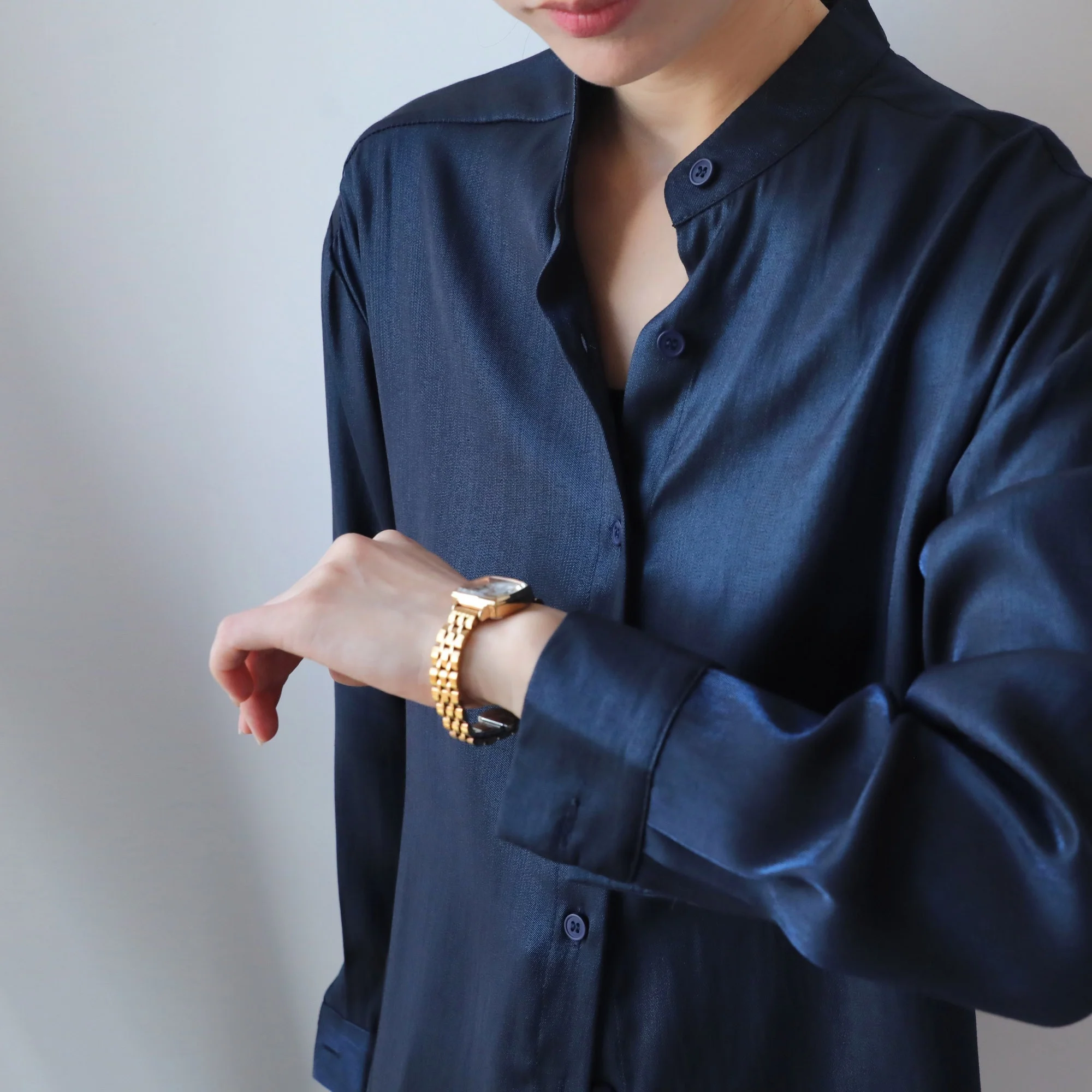 

iny Tead Texture k Blue Women's irt Autumn Base Layer Ladies' Blouse Stand Collar Long Sve Straight Cut Commute S...