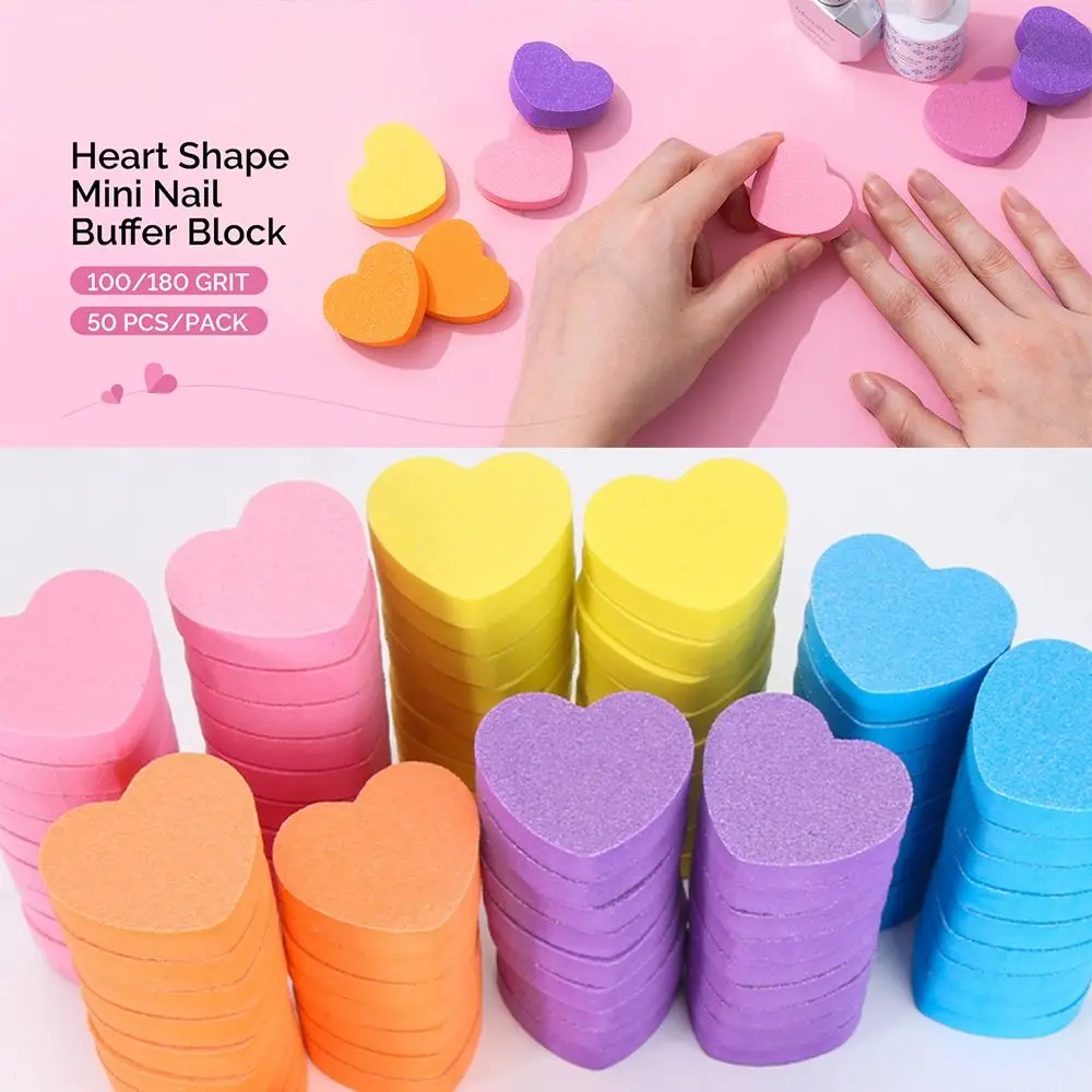 50 Pcs Heart Shape Mini Nail Buffer Block 100/180 Grit Professional Sponge Nail File Shaping and Smoothing Double-Sided
