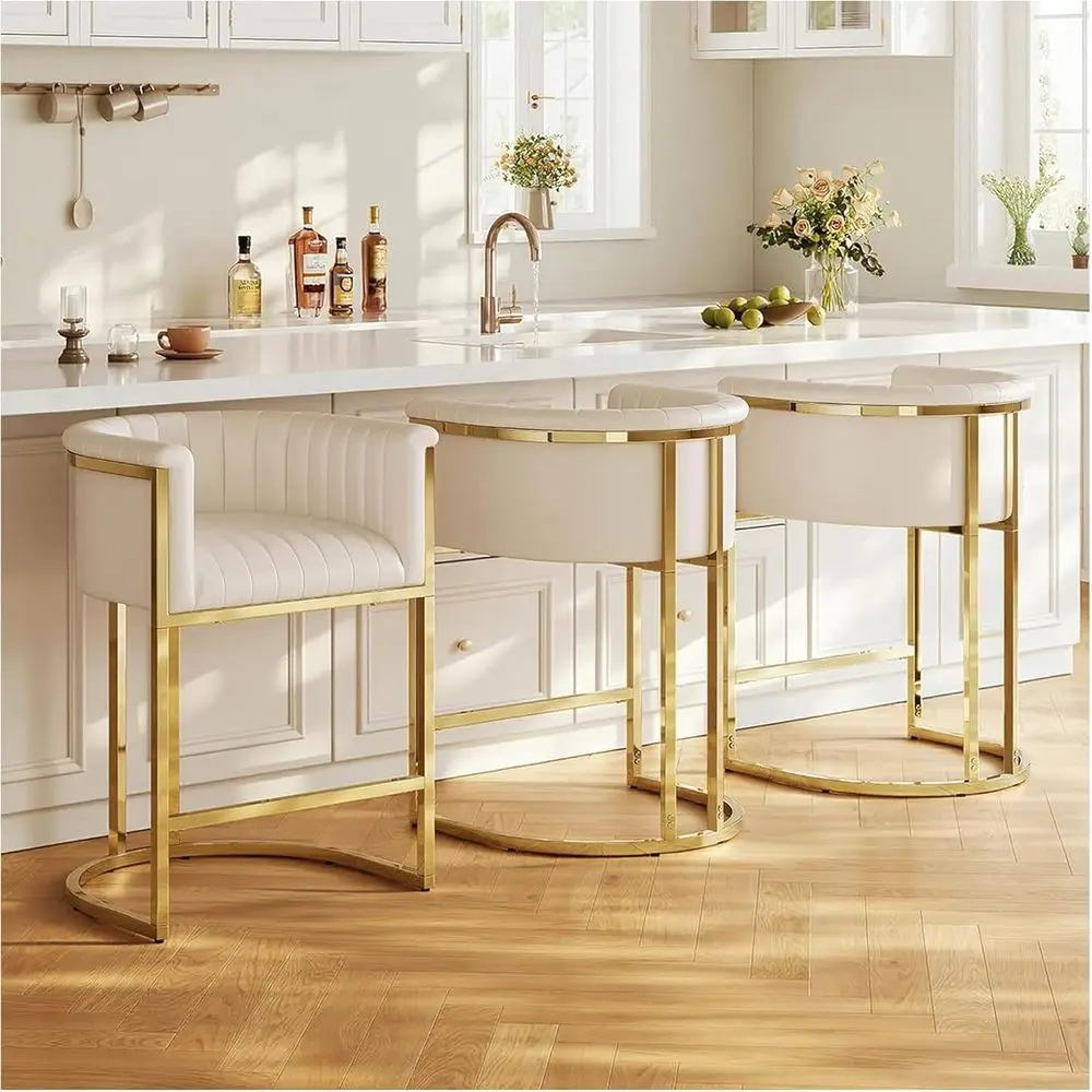 

Set of 3 Leather Upholstered Counter Height Bar Stools with Backrest and Arms, Gold Metal Frame/Ivory White
