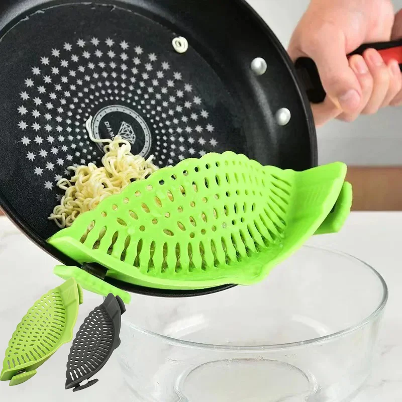 Universal Silicone Clip-On Strainer for Pasta Fruit Vegetable Colander Anti-Spill Food Grade Pot Strainer Stainless Steel Pan
