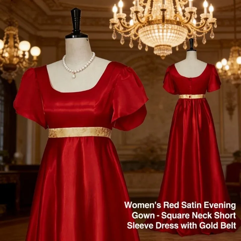 

19th Century Victorian Ball Gown Short Satin Retro Dress Regency Costume Elegant Party Wear
