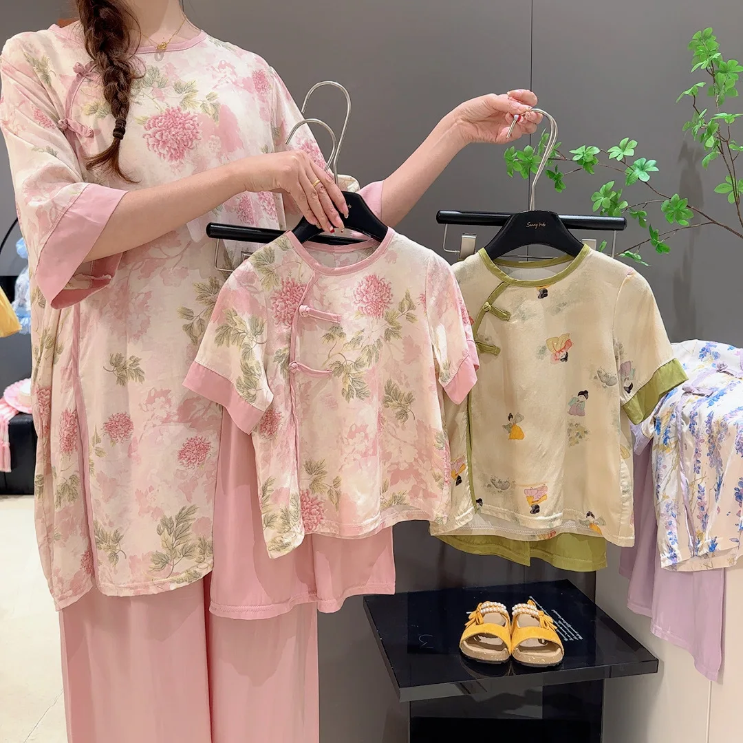 Summer Girls Cotton and Silk Set New Chinese National Style Baby Short Sleeve Nine-Point Pants Set 2