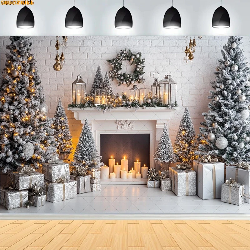 

Christmas Day Wreath Family New Year Party Photography Backdrops Prop Window Living Room Xmas Tree Gift Snow Background WD-10