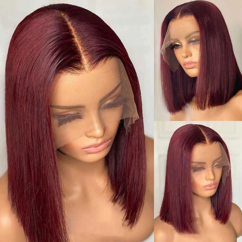 Burgundy HD Transparent Bob Lace Front Human Hair Wigs 99J Red Straight 13x6x1 Lace Front Wig For Women Pre Plucked