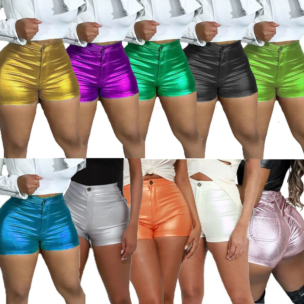 

Metallic PU Leather Summer Shorts Women Fashion Sexy Button Fly Slim Anti-splash Casual Pants Y2K Night Club Trousers