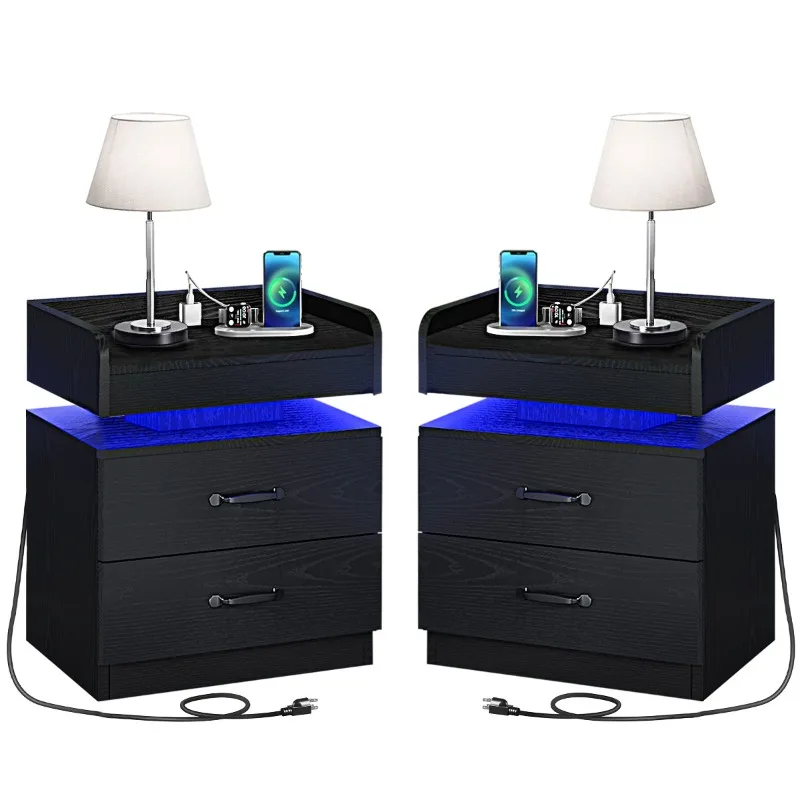 

Modern Black LED Nightstand with Charging Station - Posing Props for Bedroom and Living Room - Bedside Table with Storage Drawer