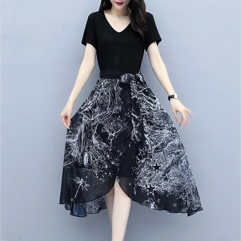 

95% Cotton Summer Women's Temperament Wrapped Waist A-line Round Neck Printing Net Yarn Slim Popular Black Chiffon Long Dress