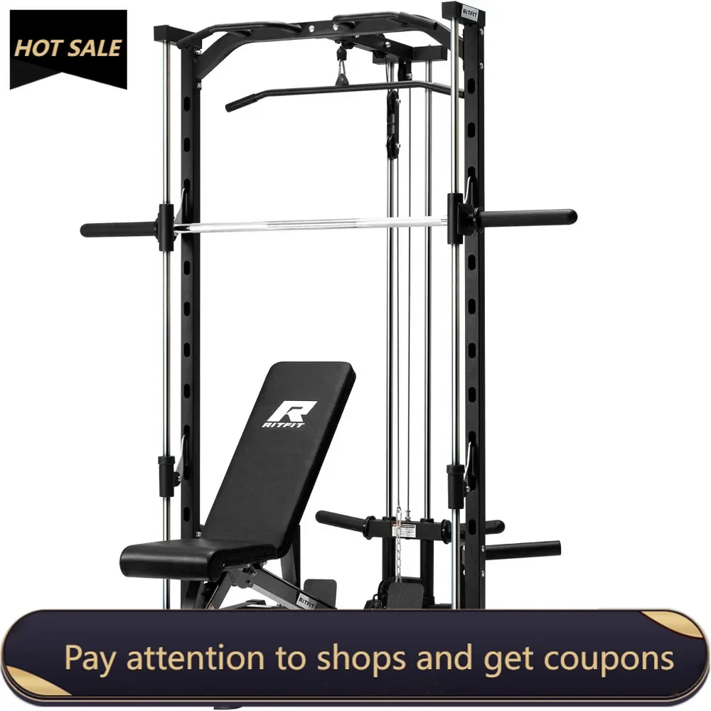 

Smith Machine Power Rack with LAT-Pull Down System, Landmine, Barbell Bar, Plate Storage Pegs and More Training Attachment