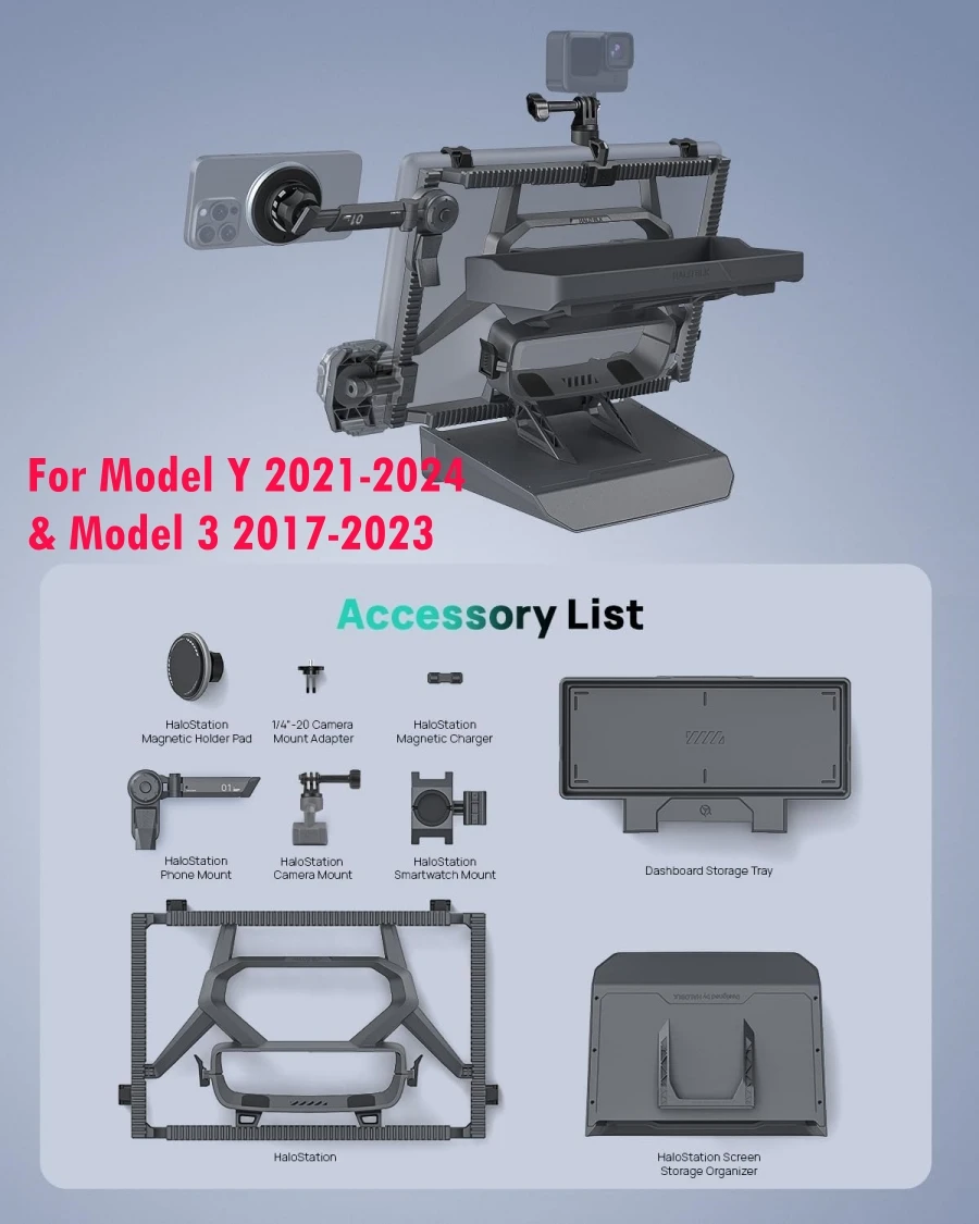 HALOBLK HaloStation Vielseitiges Bildschirmerweiterungsset, entworfen für Tesla Model Y 2021–2024 und Model 3, 2017–2024, Telefonkamerahalter