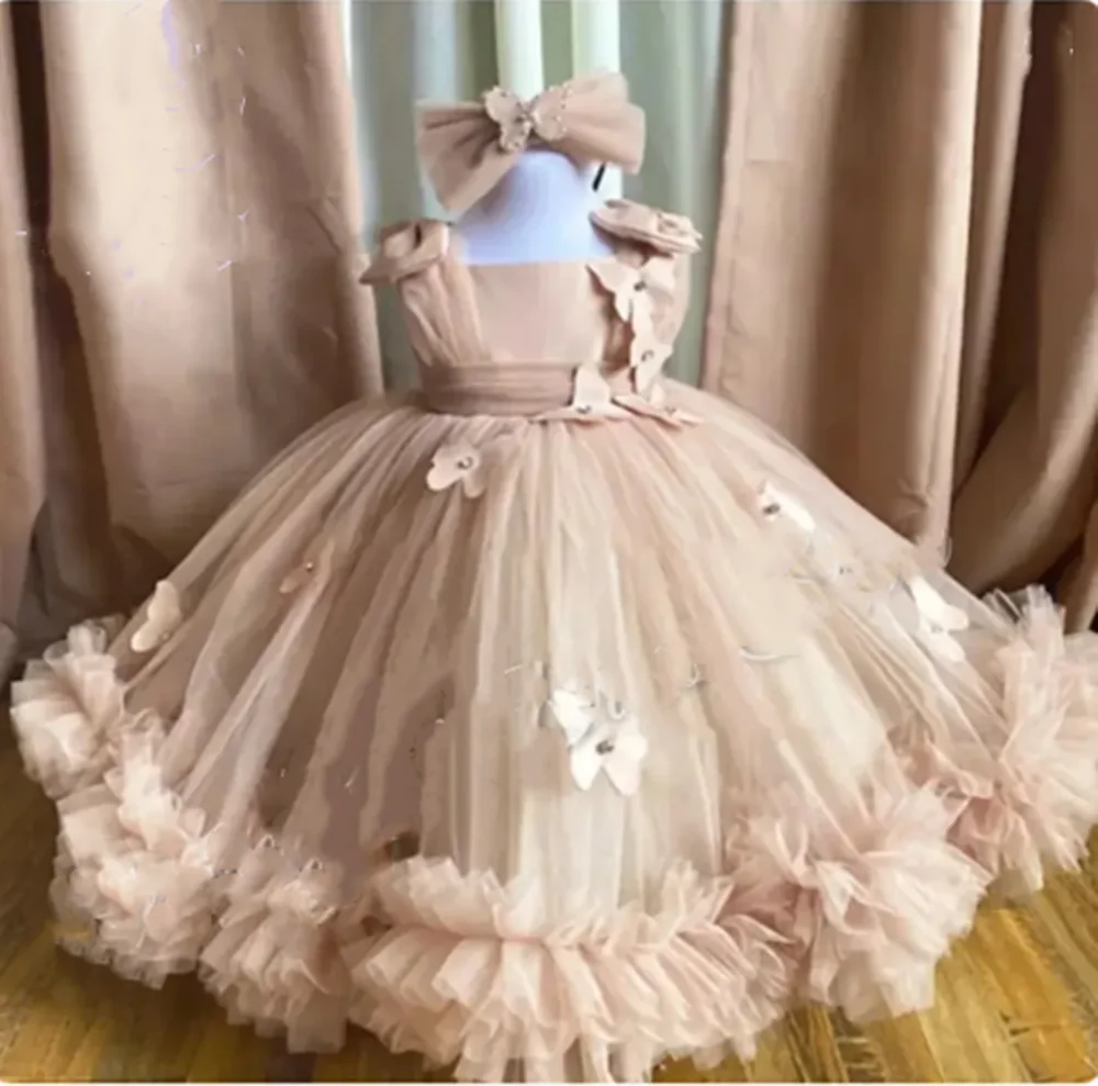 

Customized Yellow Flower Girl Dresses For Wedding Lace Tulle Butterflies Cute Kids Birthday Party First Communion Ball Gown