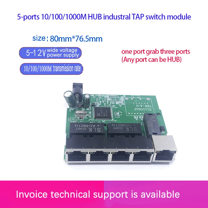 Commutateur rapide Ethernet TAP, commutateur réseau HUB, carte de module PCB pour module d'intégration de système, 5 ports, 10 Mbps, 100 Mbps, 1000Mbps