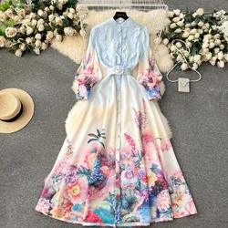 Spring Elegant Gradien Maxi Dress Women's Linen Stand Collar Lantern Sleeve Flower Print Ruffles Buttons Belt Long Vestidos