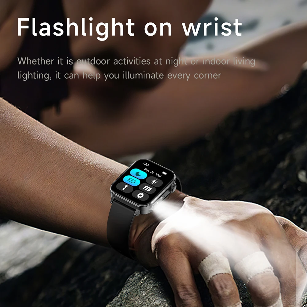 V96 Mannen Vrouwen Smart Horloge 1.83 inch HD Scherm Zaklamp Gezondheid Tracker Bluetooth Bellen Sport Smartwatch IP67 Waterdicht Horloge