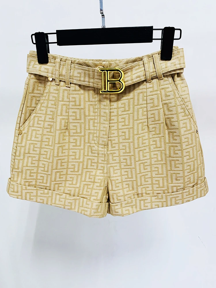 HIGH QUALITY New Fashion 2024 Designer Women\'s Monogram Jacquard Belted Shorts