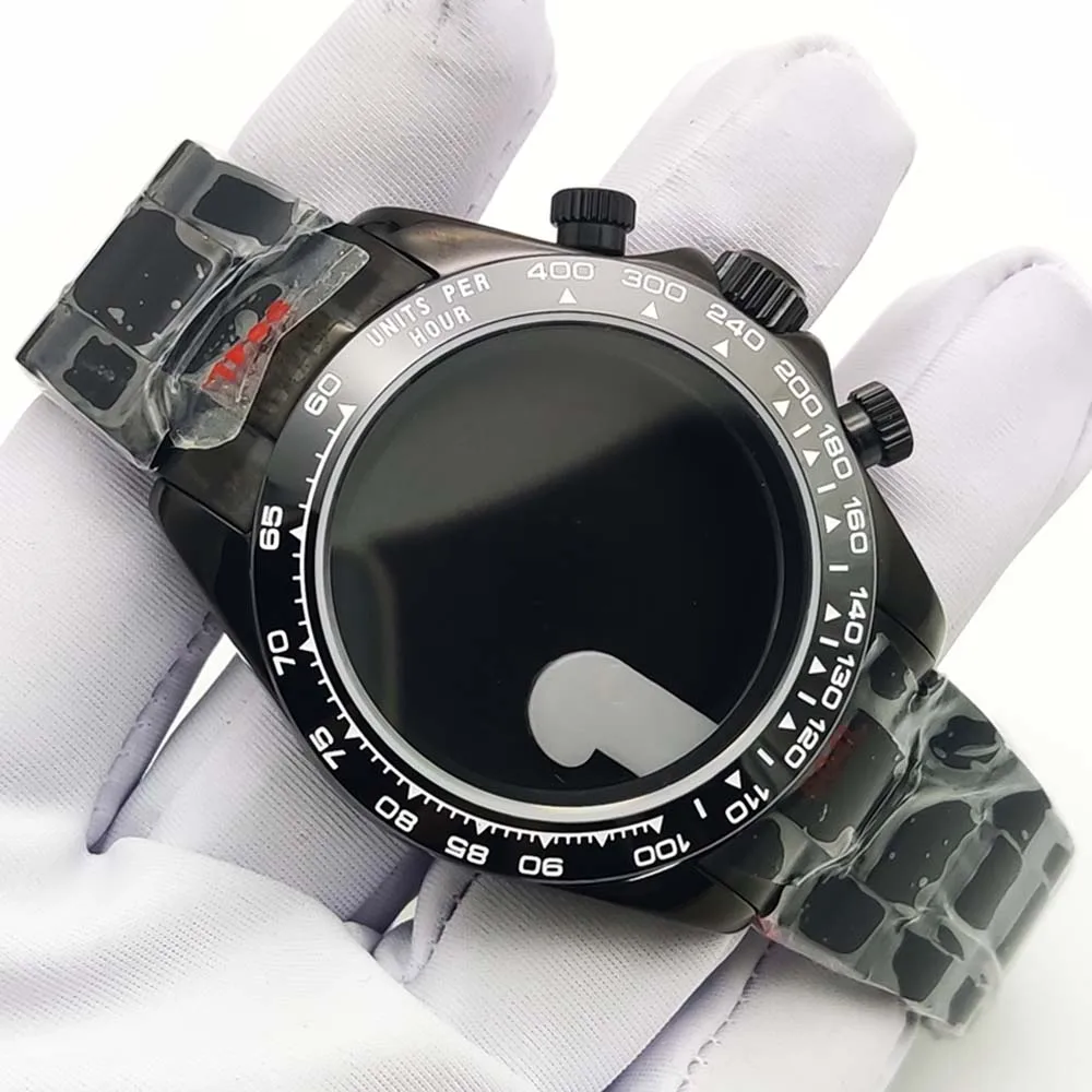 40mm ブラック PVD ​​ステンレススチール クォーツ ケース + ストラップ、VK63/VK64 ムーブメントに適しています、サファイアガラス