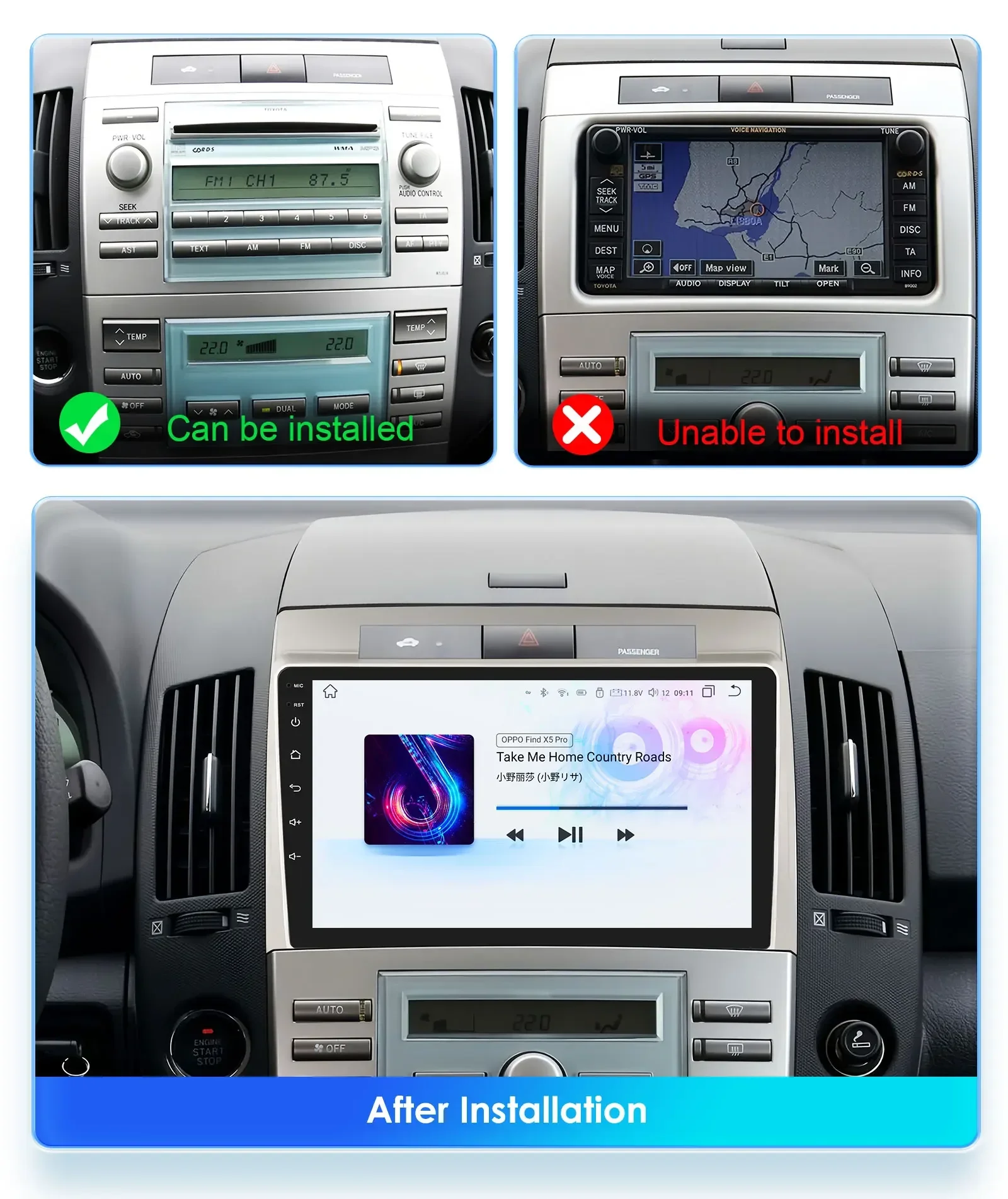 Wireless Carplay Android Auto Car Multimedia Player 9'' Touch Screen for Toyota Corolla Verso AR10 2004-2009 Support Bluetooth