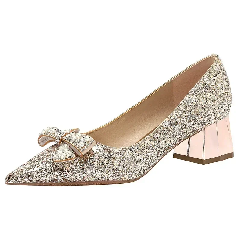 5cm New Fashion Sequins with Bow Sexy Low Heels Banquet Party Women Silver Shoes 41 42 43