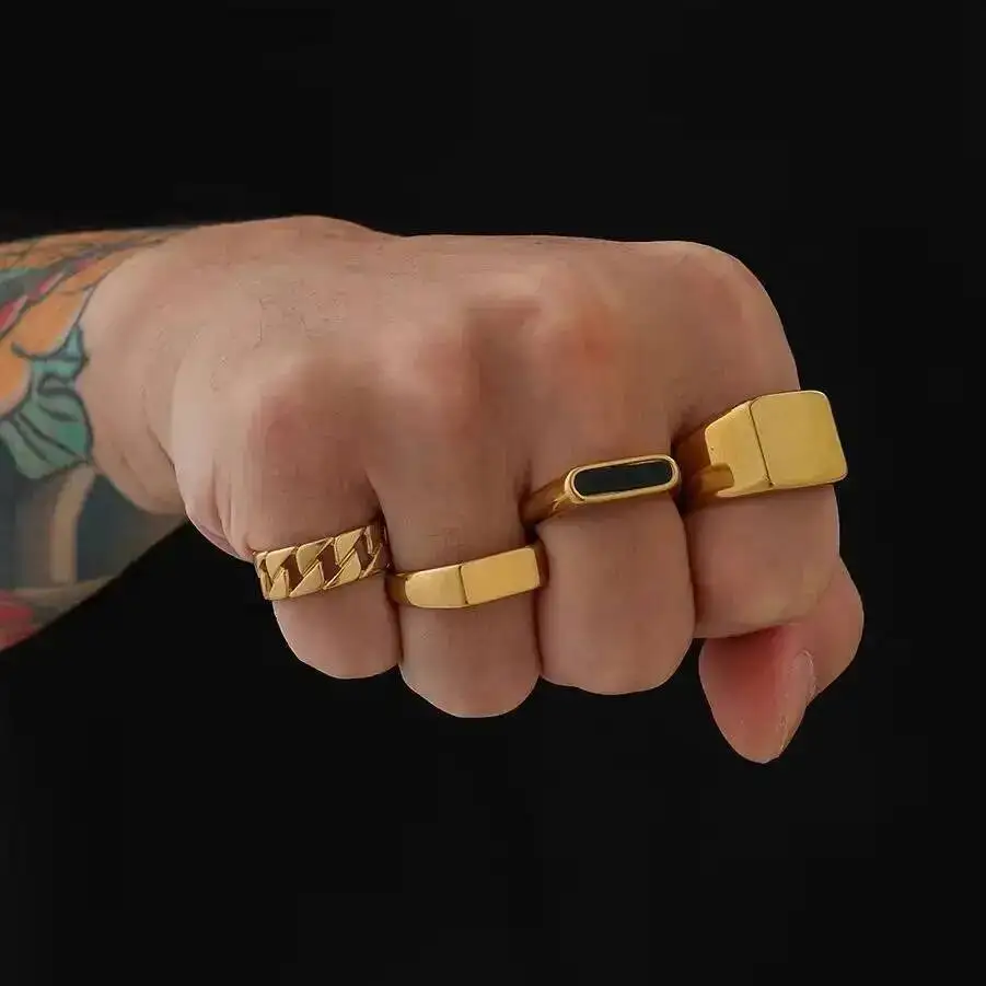 SHIXIN Punk Rock Smooth Gold Color Square Stainless Steel Finger Ring for Men HipHop Black Oil Chunky Rings Party Street Jewelry