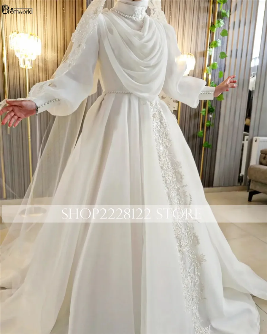 Vestido De novia musulmán De manga larga para mujer, De cuello alto Hijab, línea A, gasa, 2024