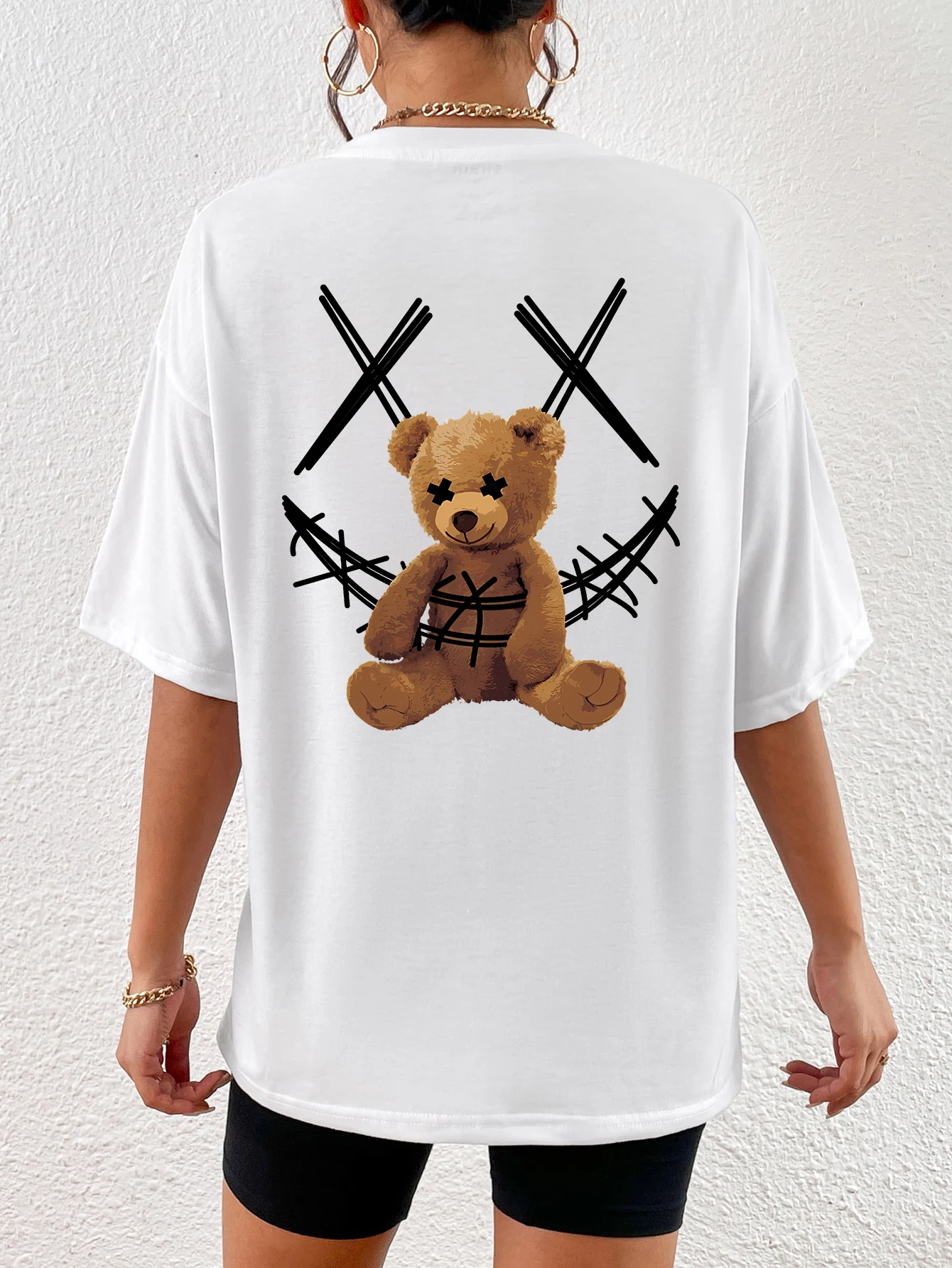 A Stuffed Bear Bound With A Bandage Print T-Shirts Female Casual Soft Tops Fashion Cool Tee Clothes Street Summer Short Sleeves