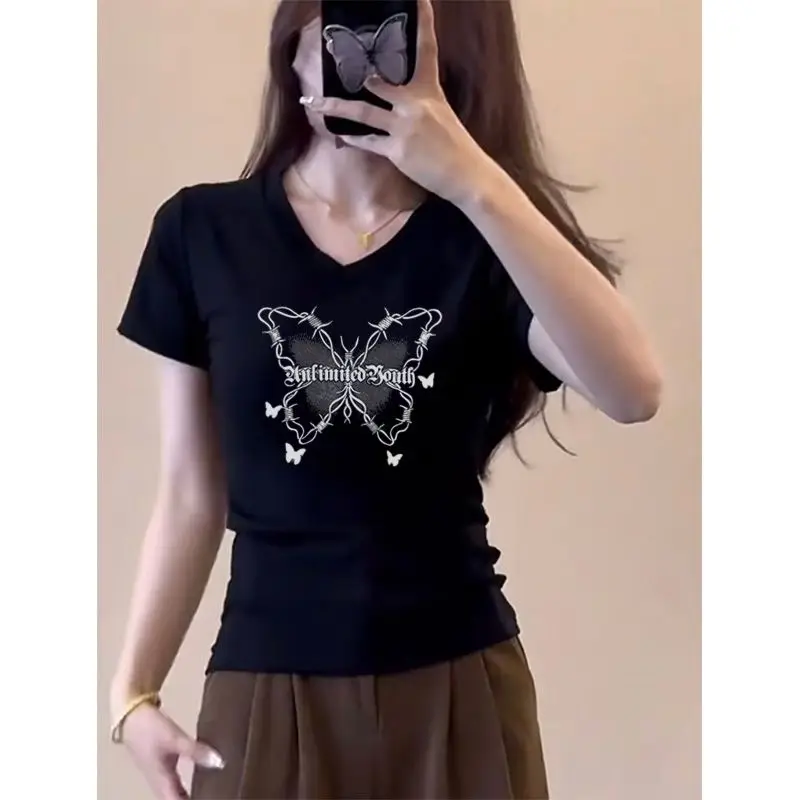 2024 New Summer Sweet Cool Spicy Girl Style Sexy Fashion V-neck Butterfly Print Short Sleeved Front Shoulder Slim Fit T-shirt