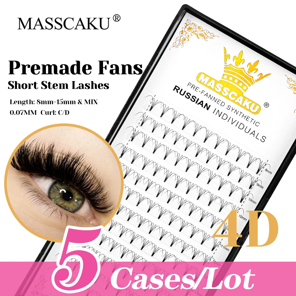 

MASSCAKU 5cases/lot Individual Fluffy Short Stem Premade Fans Lashes 0.07/0.10mm Thickness Handmade False Silk Thin Root Eyelash