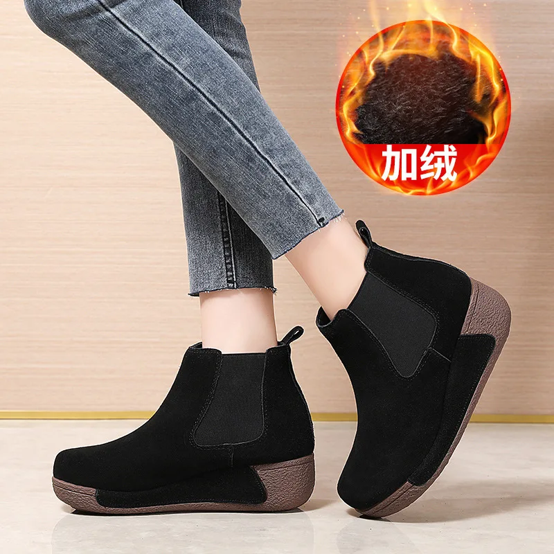 Winter round toe plaidfleece-linedheattech wedge thick sole slip-on platform shoes rocking shoes plus cotton ladieswear shoes