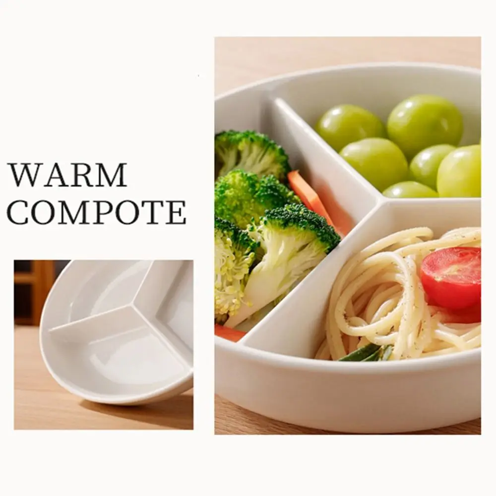 

3 Compartments Grid-shaped Dinner Plate White Round Snack Serving Platter Silicone Lid Microwave Safe Steamed Plate