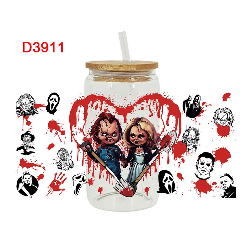 Scary Hallowen UV DTF Cup Wraps Transfers Sticker For 16oz Libbey Glass Can Horror Movie Tumbler Killer Friends Characters D3790