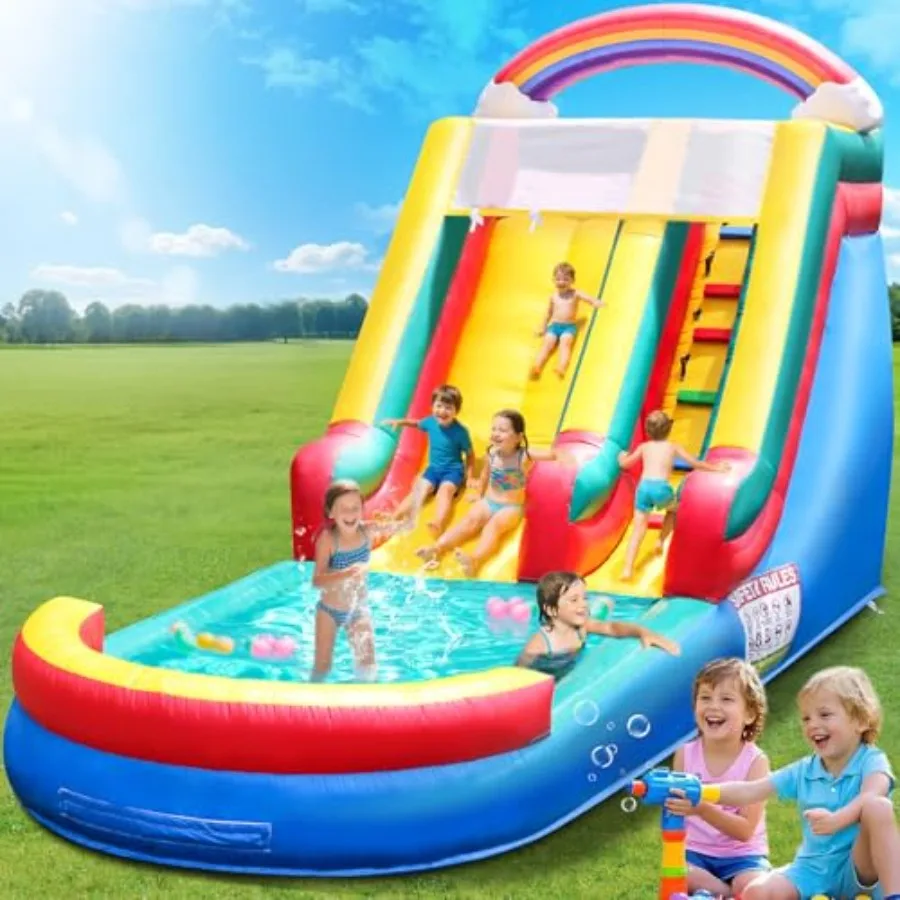 

26FT Inflatable Water Slide for PVC Commercial Grade with Splash Pool 4-in-1 Climbing Basketball Set 00W Air Blower Blue Ideal