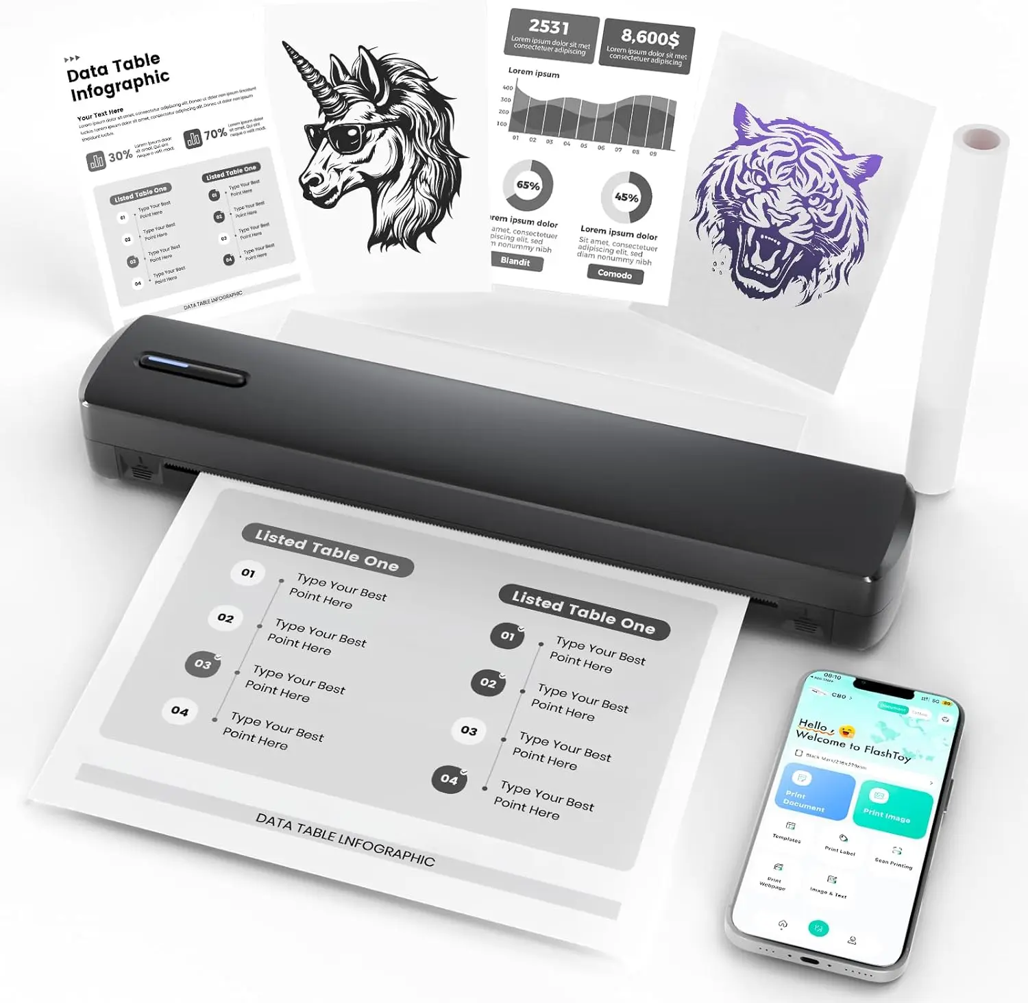 

Business Travel Home Portable A4 Thermal Printer Wireless Bluetooth Inkless Tattoo Stencil Printer Compatible with Phone Laptop