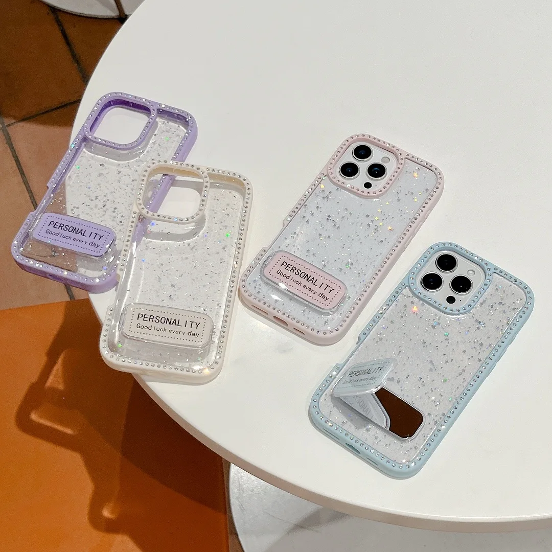 

Luxury Shiny Edge Diamonds Glitter Mirror Stand Holder Case For iPhone 13 14 15 16 17 Pro Max Plus Bracket Cover With Kickstand