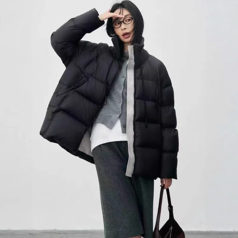 Jaket Musim Dingin Wanita dengan Tali Serut dan Kerah Bergaris Rajutan Patchwork Oversized Tebal Hangat Trendy