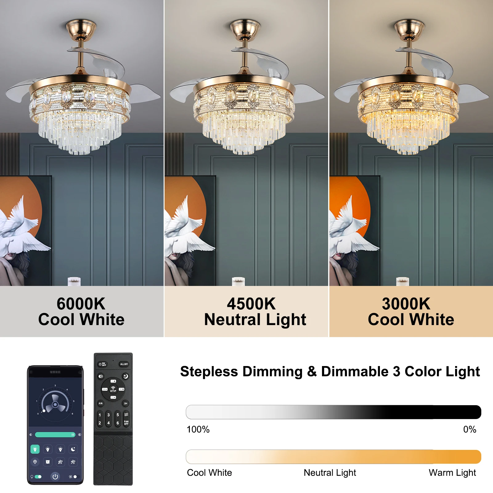 Modern Smart Ceiling Fan Chandelier Gold RC Adjustable 6 Speed Pendant Light Luminaire Bedroom 3 Heads Led Fandelier Lamp Indoor