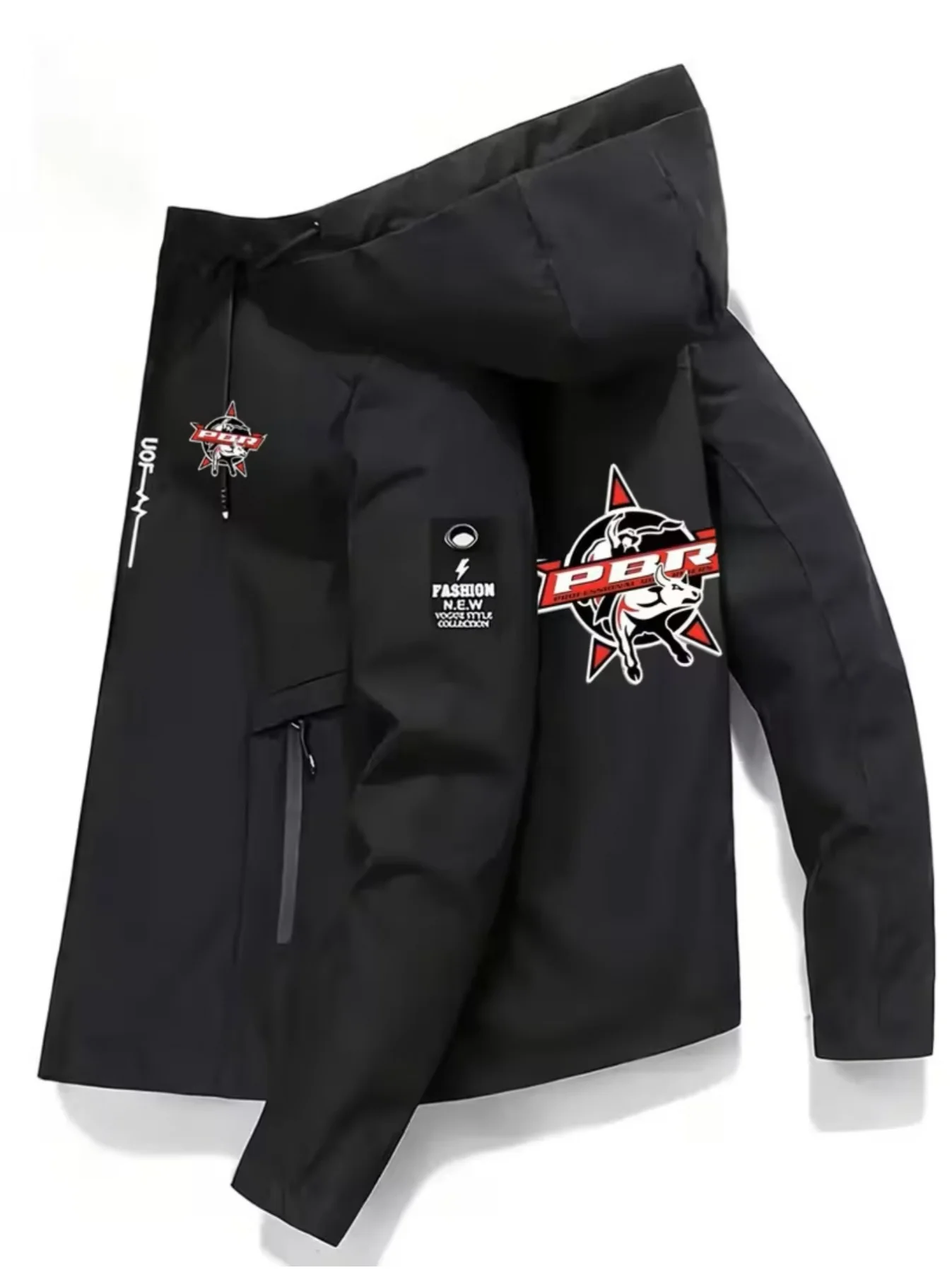 Men's PBR Logo Hooded Jacket with Bull Bone Print, Suitable for Outdoor Street Sports and Leisure Wear in Spring and Autumn,
