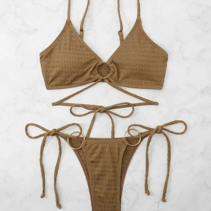 

Brown 2025 Strapped Bikini Sexy Push UP Hollow Swimsuit Women Tied High Cut Thong Swimwear Beach Lady Bathing Suit