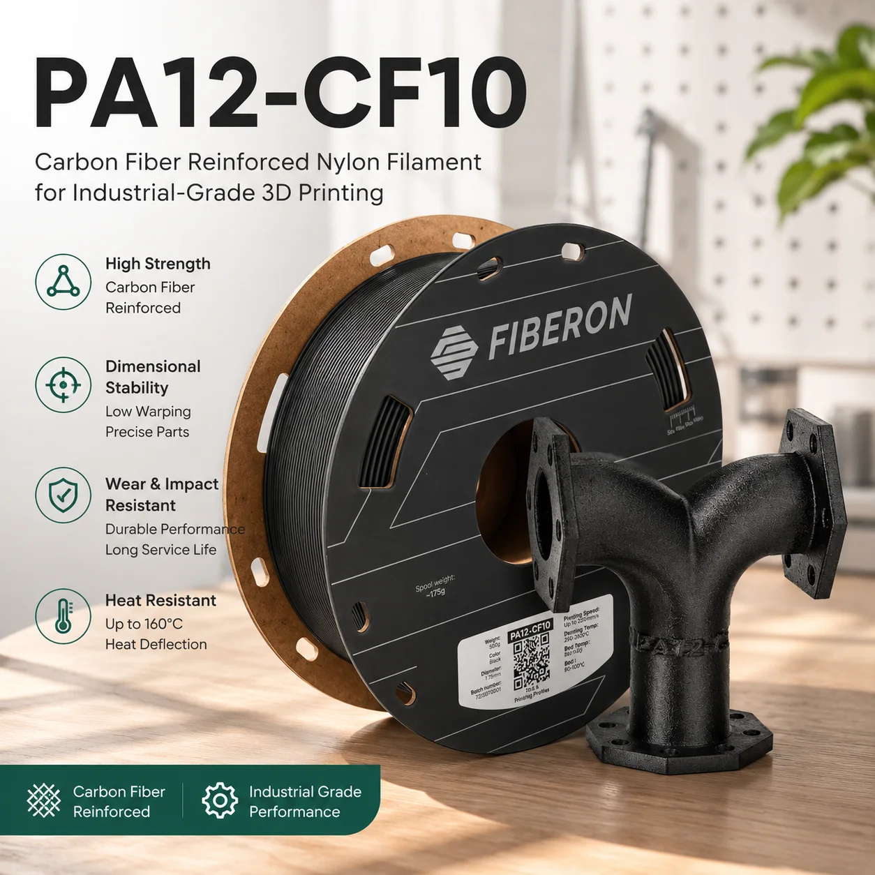 Filamento 3D Polymaker PA12-CF10 1.75mm 0.5kg, Polymaker Fiberon, Nylon Reforzado con Fibra de Carbono, Material de Ingeniería de Alta Resistencia