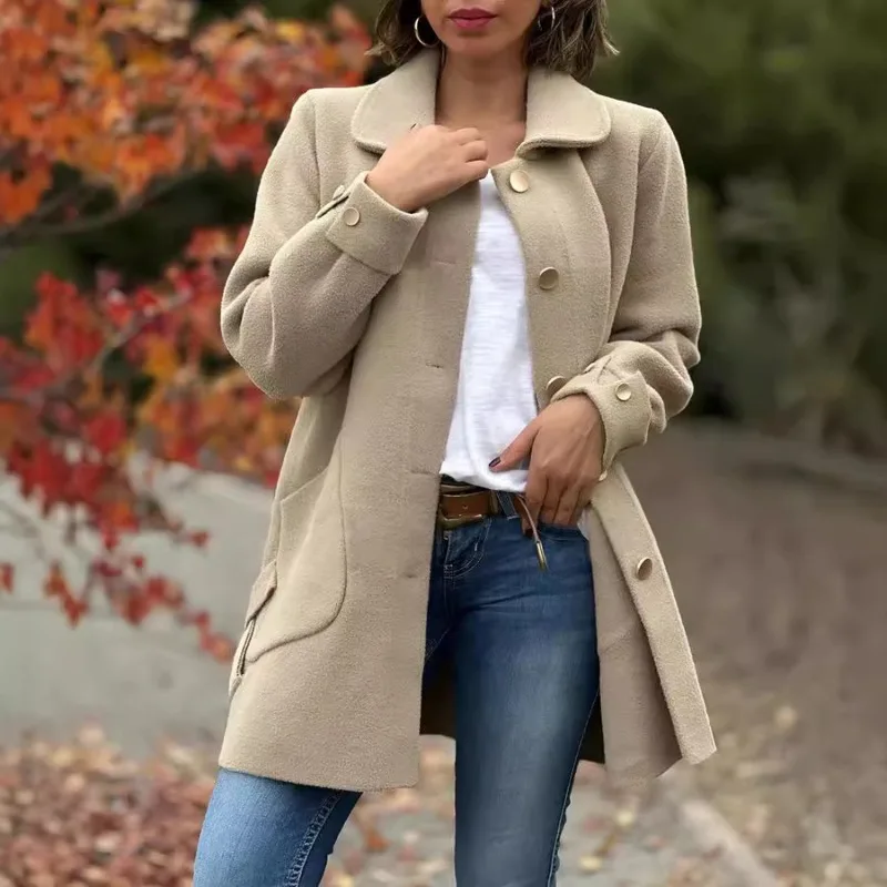 

Autumn Winter New Woolen Women'S Coat Pockts Bows Single Breasted Lapel Tweed Long Jacket Coat Casual Vintage Solid Outwear