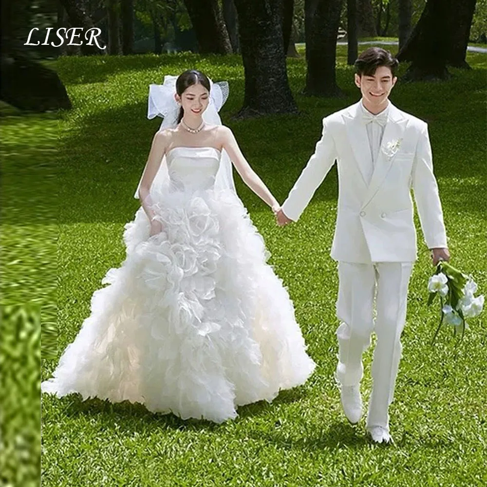 Liser Strapless A-Line Tiered Korea Wedding Dresses Flowers Silk Tulle Elegant Bridal Gowns Customized 웨딩드레스 Photo Shoot
