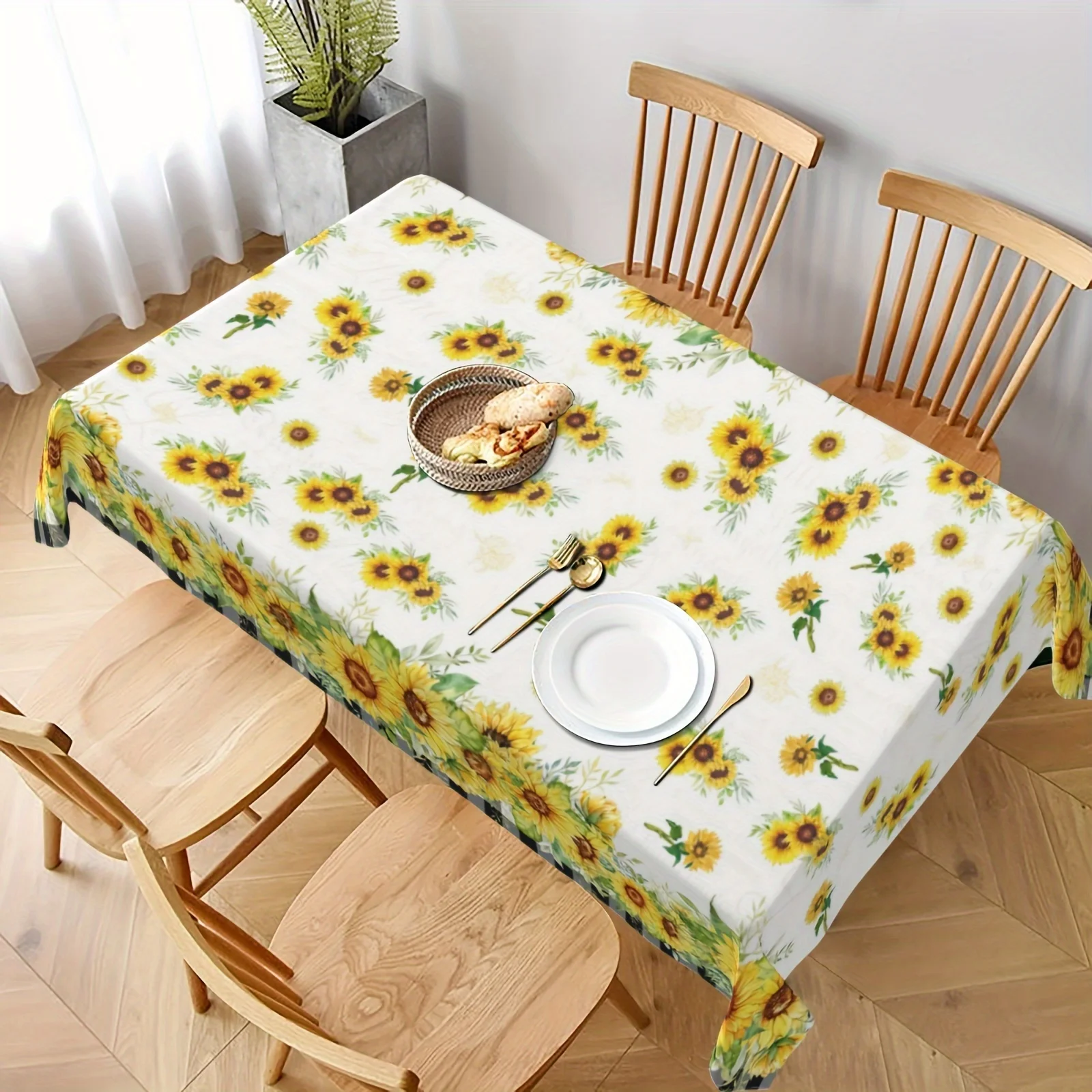 Summer Sunflower Buffalo Plaid Tablecloth Wedding Party Decor Watercolor Floral Plants Rectangle Table Cloths Home Decorations