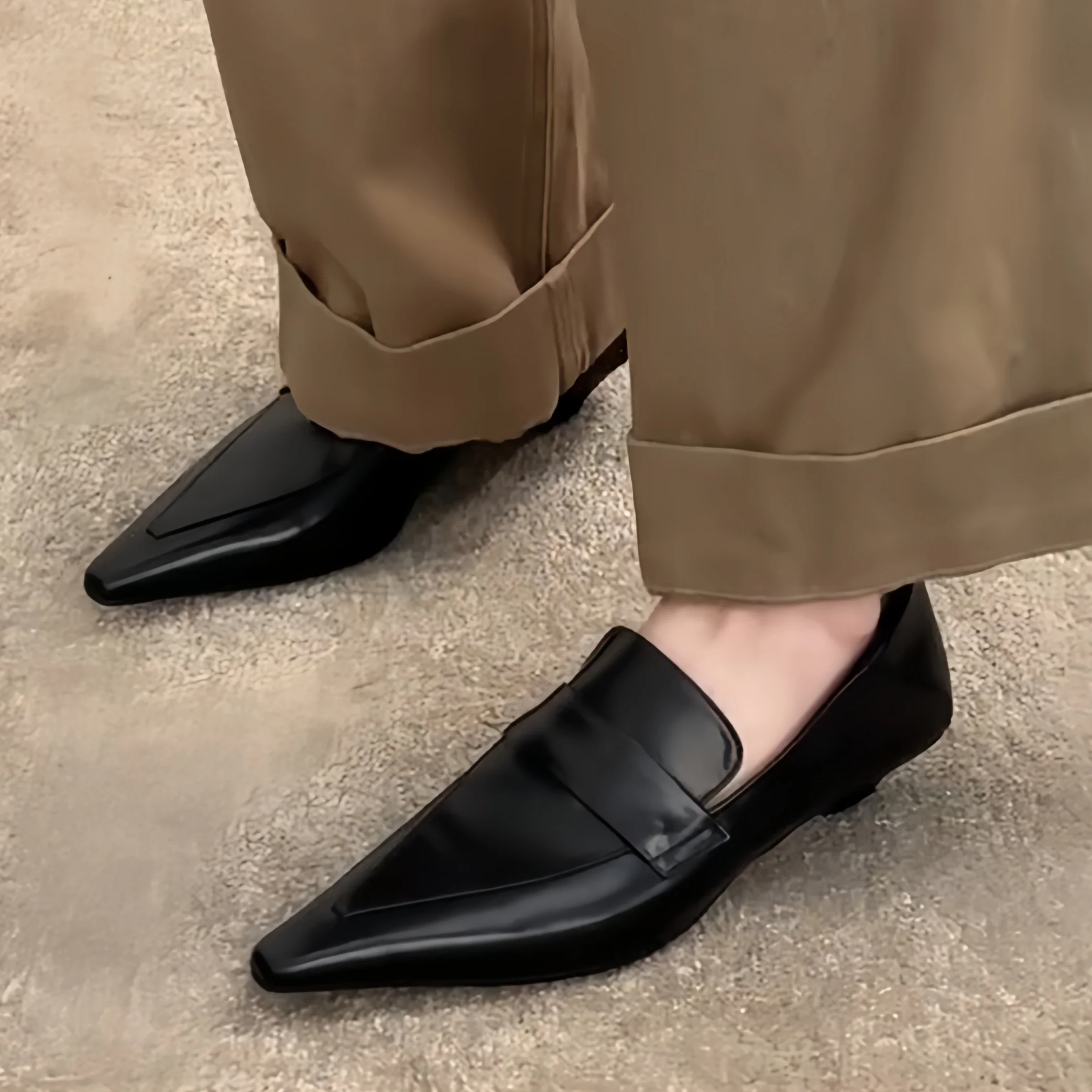 

Винтажные кожаные туфли с острым носком, элегантные, для деловых встреч, французские лоферы на массивном каблуке