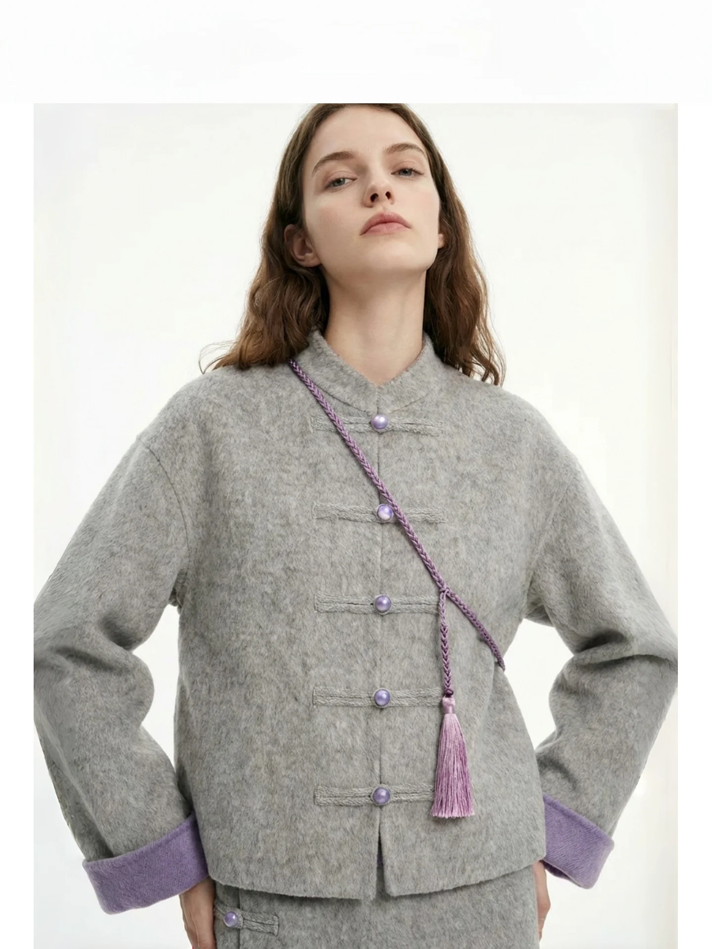 

New Chinese Style Full Wool Double Face Tweed Short Coat Women's Autumn High Sensation Patchwork Stand Collar Woolen Top