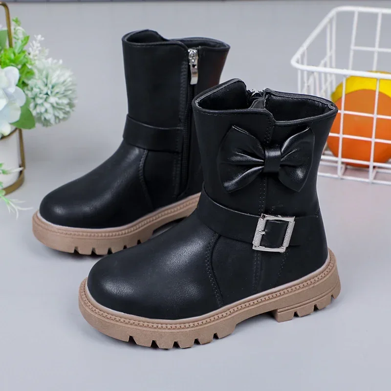 Children Girls Short Boots Solid Color Bow Buckle 2024 New Simple Non-slip Round-toe Kids Versatile Soft Princess Shoes Fashion