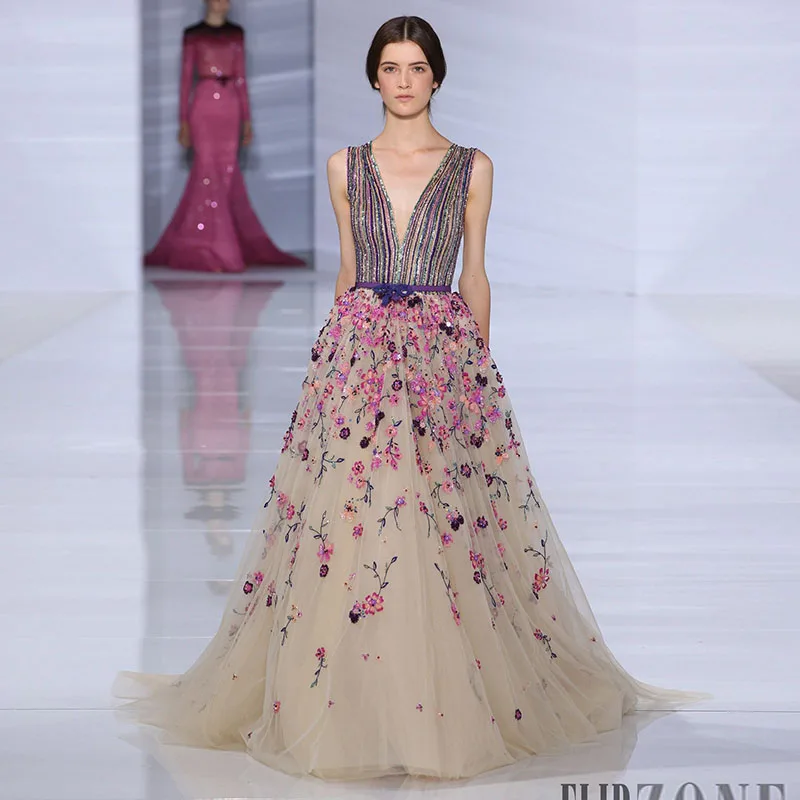 2081 New Arrival V Neck Luxurious Bead Flowers فساتين السهرة vestidos de fiesta فساتين سهره evening dresses فستان العيد 2024