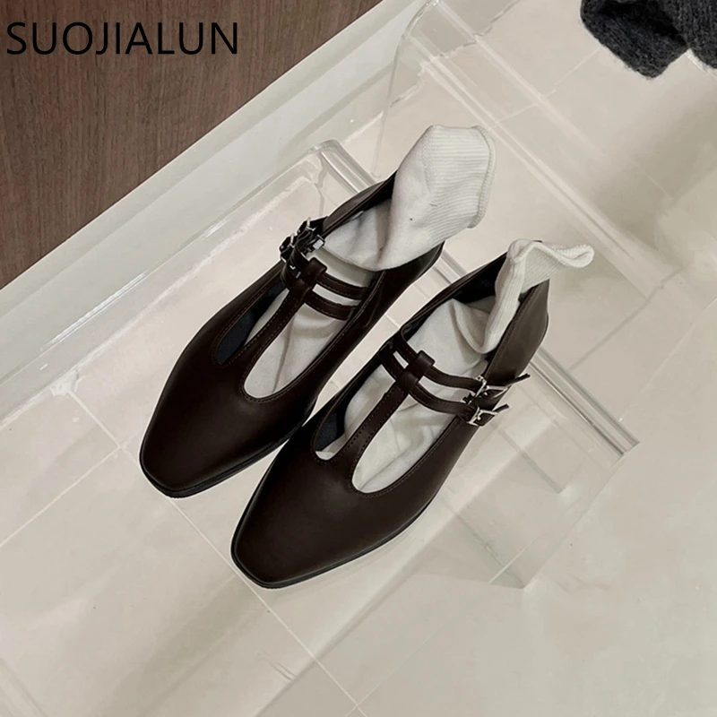 SUOJIALUN Spring New Women Flat Shoes Fashion Round Toe Shallow Slip On Ladies Mary Jane Shoes Flat Heel Outdoor Dress Ballerina