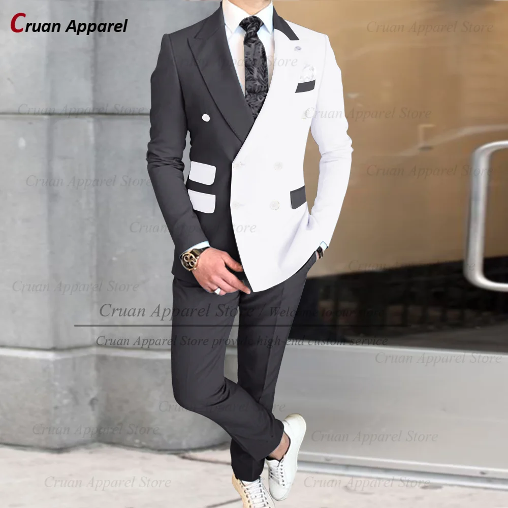 Fashion Red White Splicing Suit For Male Homecoming Formal Blazer Pants 2 Pieces Wedding Banquet Groom Luxury Formal Outfits