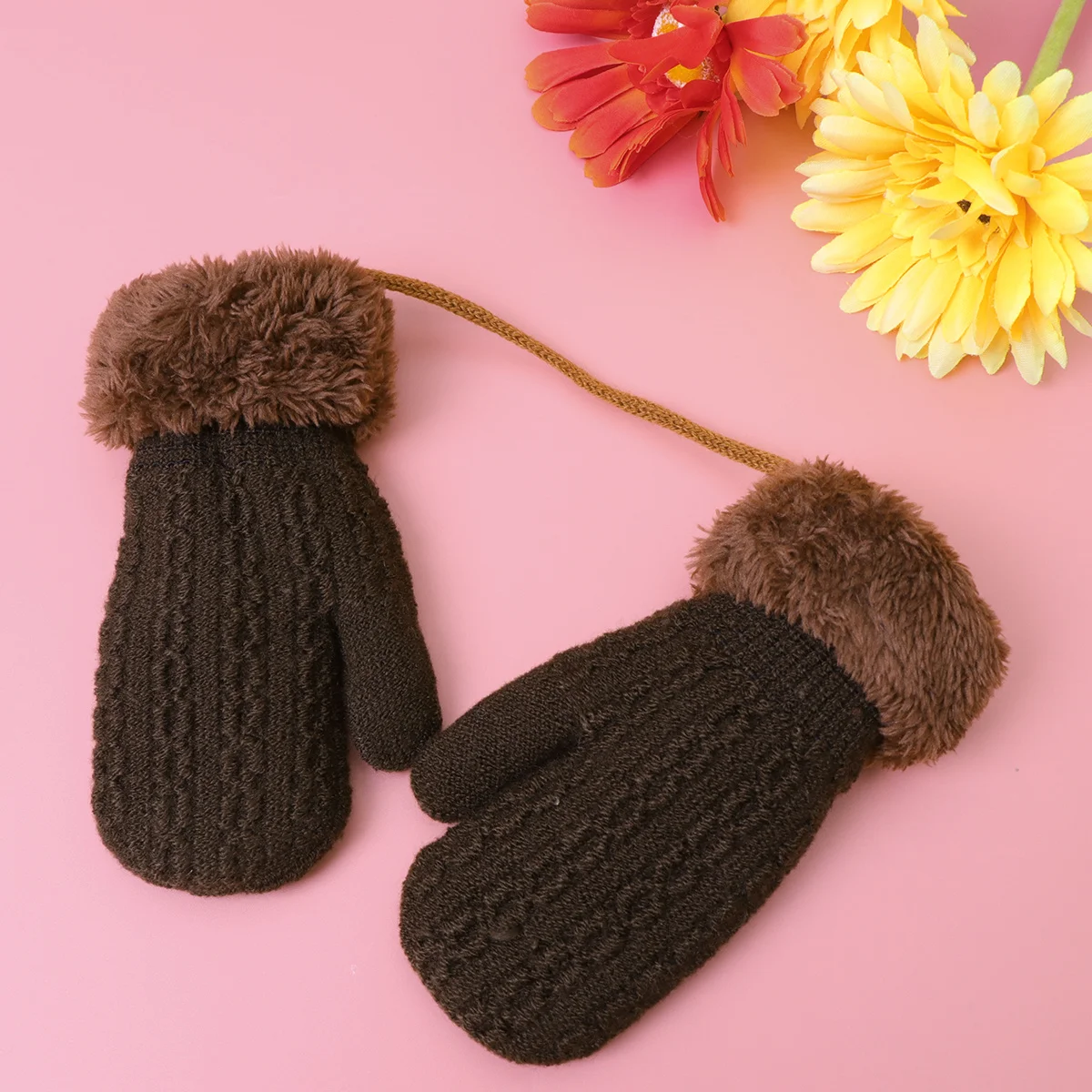 

Kids Winter Warm Gloves Light Grey 1-4 Years Double Layer Knitted Children Hanging Protection Cold Weather Handwear