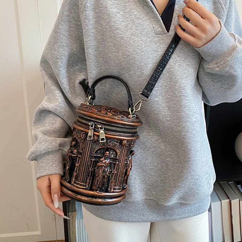 Baroque Style 3d Embossed Bucket Bag Creative Sculptural Cylinder Handbag Unique Retro Artistic Design Crossbody Purse For Women