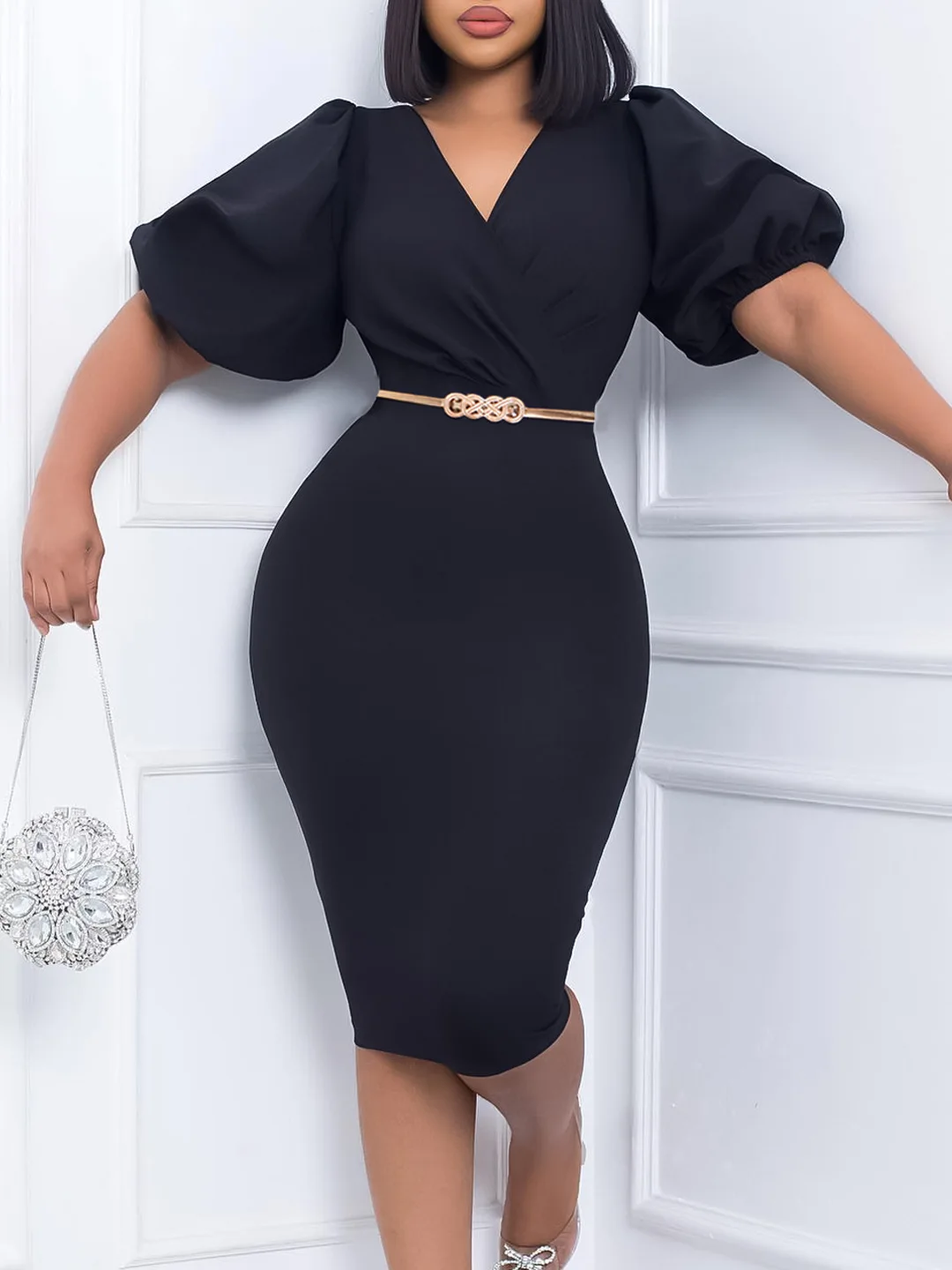 Plus Size Summer New Bubble Sleeves V-Neck Paired With Belt Slim Fit Fashion Style Commuting High Waist Wrapped Hip Dress